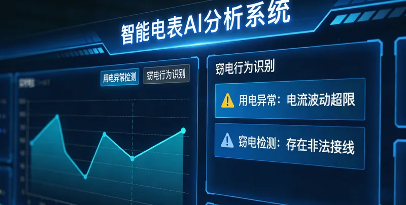 两张用电负荷曲线图对比,上图是正常曲线,下图用高亮标出了异常陡降和异常峰值的部分,示意AI检测点