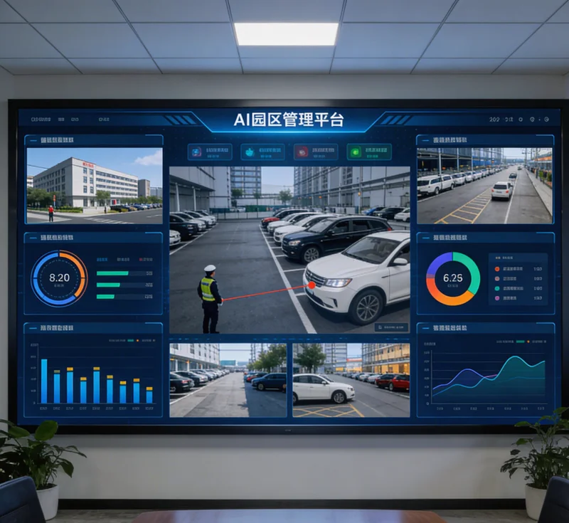 AI安全监控系统后台界面，显示实时报警事件与数据统计