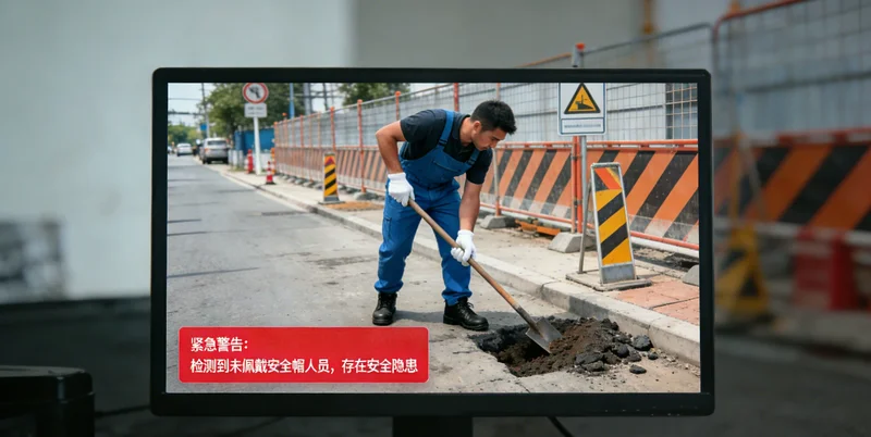 免漆门厂木工车间内部，顶部安装有监控摄像头，工人佩戴两种颜色的安全帽