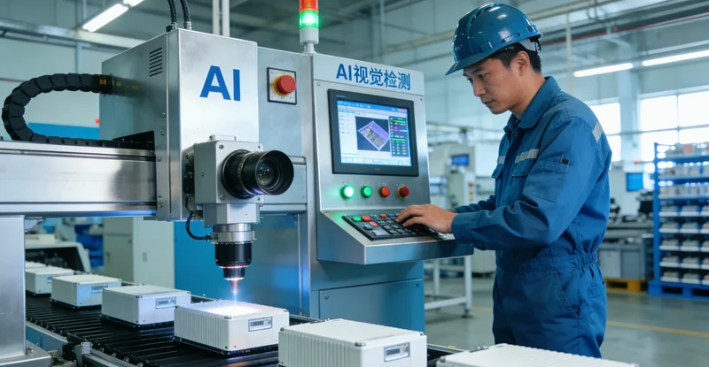 技术人员正在监控录像机旁安装调试一个小型的边缘计算设备