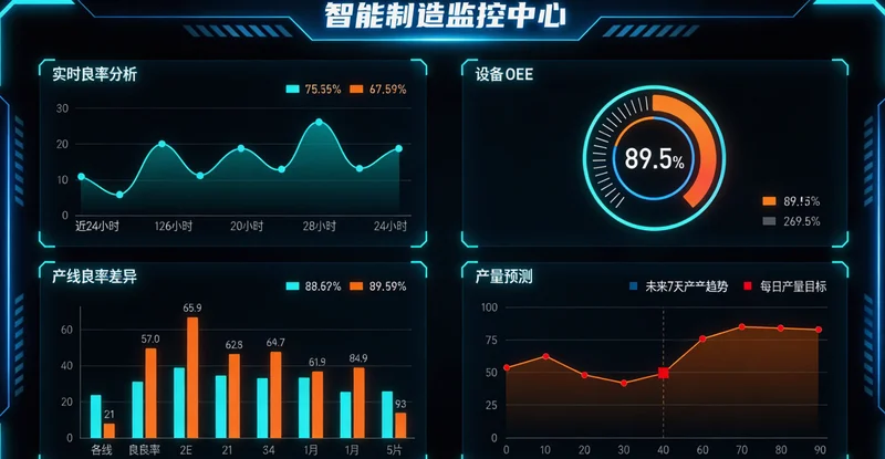 功能手机产线老化测试工位，旁边有数据监控屏幕