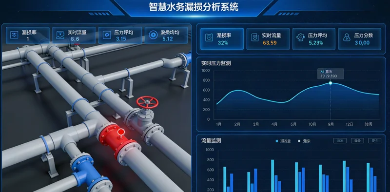 一张对比图，左侧是传统控制下起伏剧烈的管网压力曲线，右侧是AI优化后平滑稳定的压力曲线