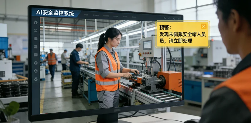 PE管生产车间夜班场景，挤出机旁有操作工，监控画面显示有异常热点