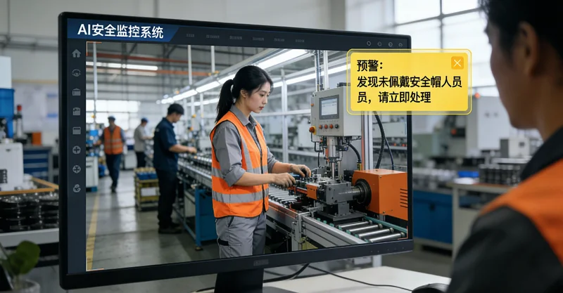 示意图：芯片洁净车间内，一名未戴安全帽的员工在设备间穿行，传统摄像头存在拍摄盲区。