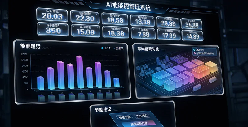 阻燃塑料生产车间,屏幕上显示实时能耗数据曲线