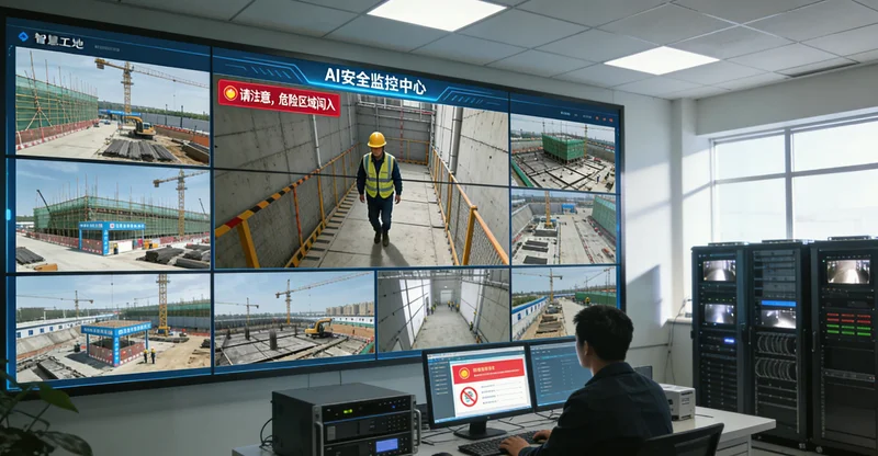 传统工地安全监管场景：安全员手持记录本在脚手架下检查，远处有普通监控摄像头。