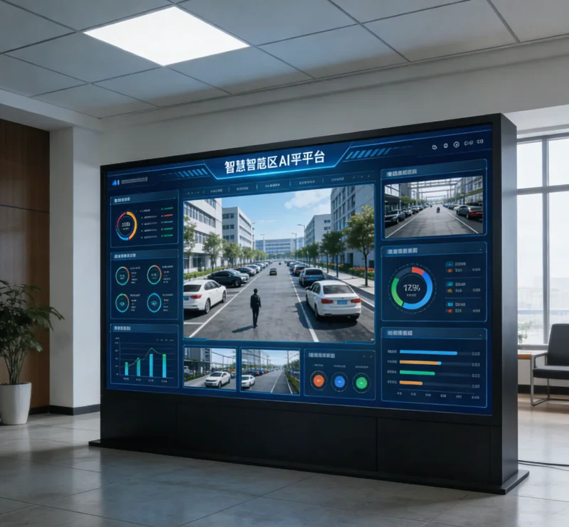 AI安全监管系统示意图：左侧是工地摄像头实时画面标记出未戴安全帽人员，右侧是管理手机APP收到的报警通知截图。