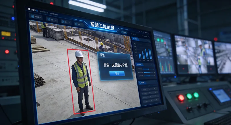 特种纤维生产车间内景,布满管道和高温设备,中控室有多块监控屏幕