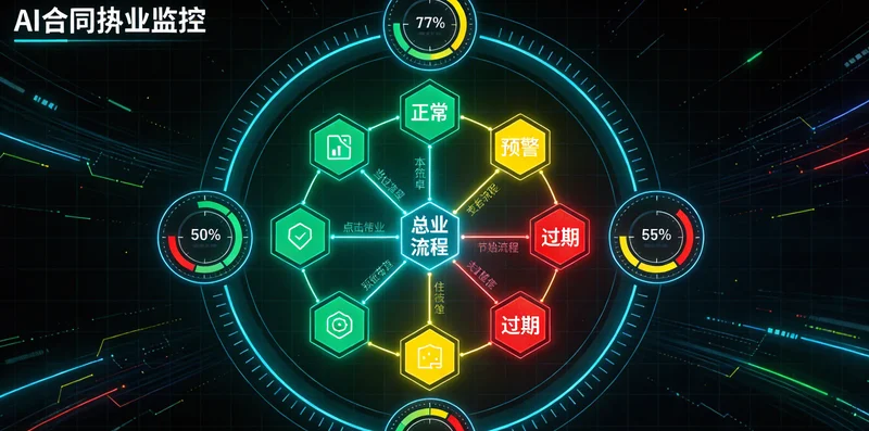 一份商业合同被放大镜聚焦,旁边列出关键审查条款:知识产权、数据安全、验收标准、解约迁移