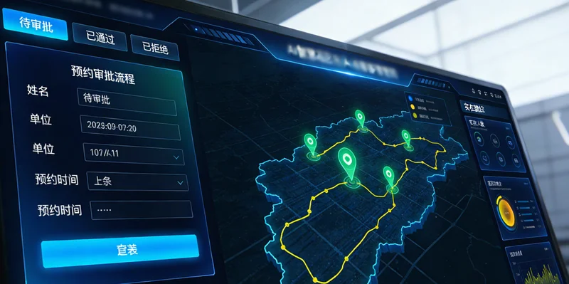 AI安全监控系统界面示意图,显示人员行为识别、区域入侵报警和风险预警弹窗