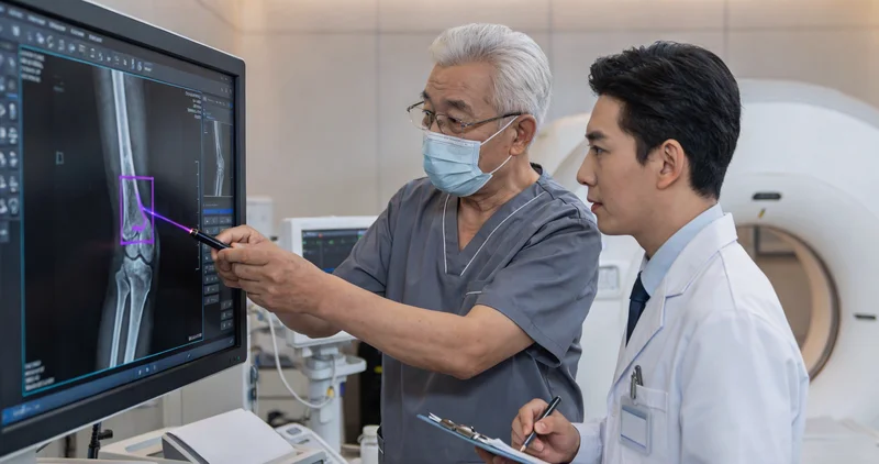 一位物理治疗师在诊室灯光下，面对堆积的纸质病历本，表情疲惫，手边放着笔和记录本。