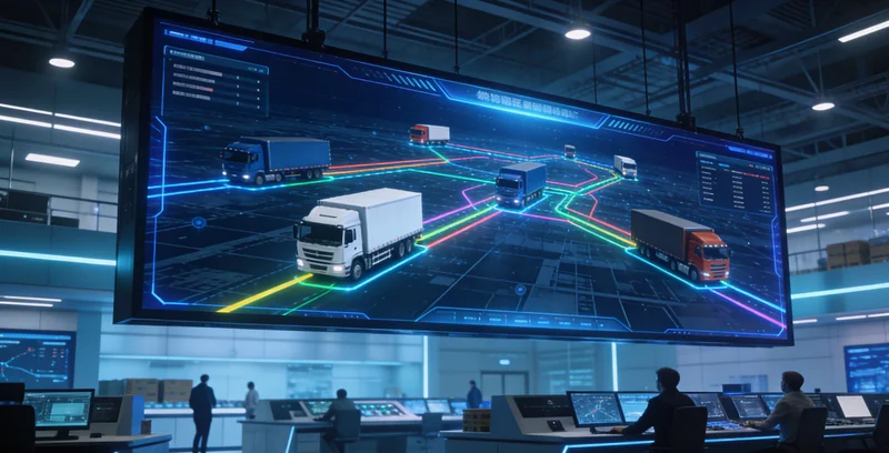 传统物流调度室，墙上布满GPS监控屏幕，调度员正在打电话