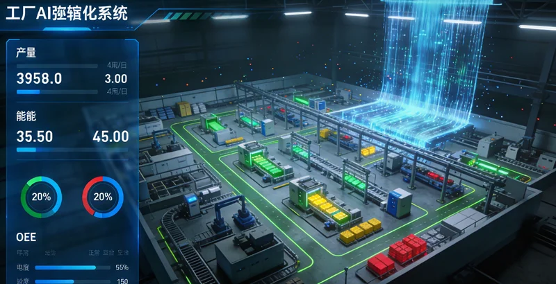 商业印刷车间与电脑中数字孪生系统界面对比示意图