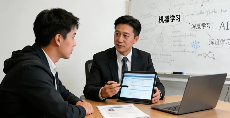 深夜办公室内，职业测评顾问面对多屏电脑和大量纸质简历，面露疲惫