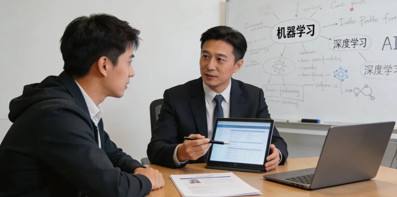 一位职业测评顾问正在对照多份报告,手动查找和匹配培训课程,桌上堆满资料。