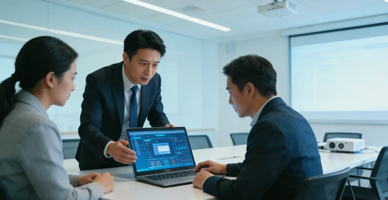 办公桌上堆满待批改的纸质报告和打开的电脑文档界面，一位培训经理扶额苦恼