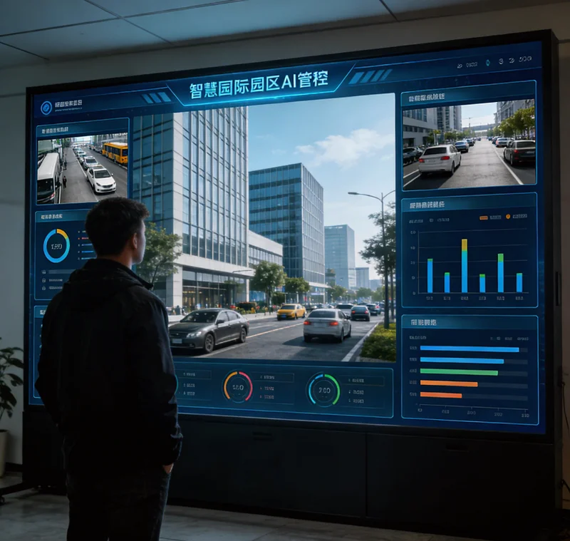 电脑屏幕上显示着AI系统实时监控界面，左侧是清晰的溯源码图像，右侧是能耗曲线和节电数据提示