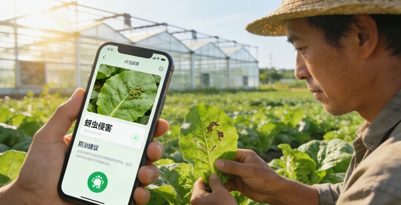 护林员在林地中使用手机拍摄树木叶片