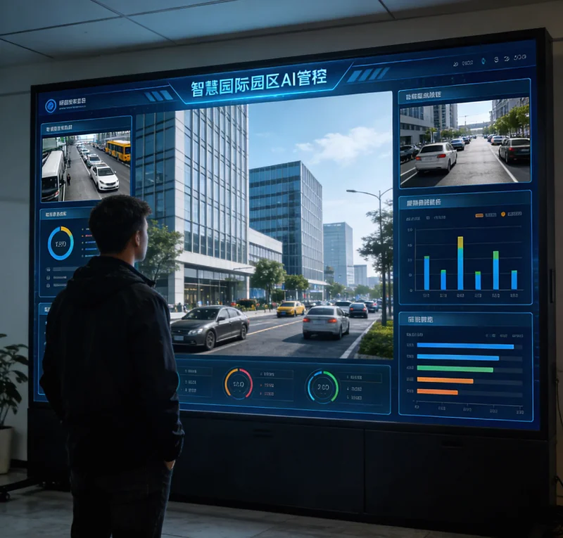 技术人员在停车场实地勘测摄像头安装位置