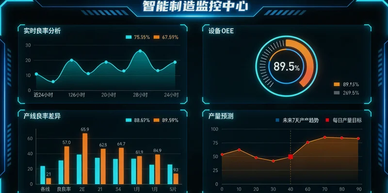工厂车间，管理人员正在查看AIMES系统实时质检数据看板
