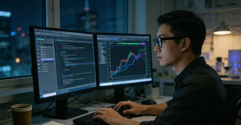 工程师正在水质监测站前使用笔记本电脑调试设备参数