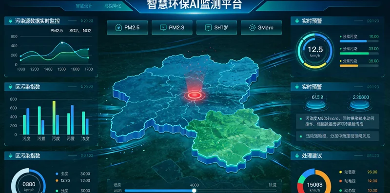 水质监测设备生产车间内,设备正在运行,背景中有大型老化测试箱,画面一角叠加显示实时能耗数据仪表盘