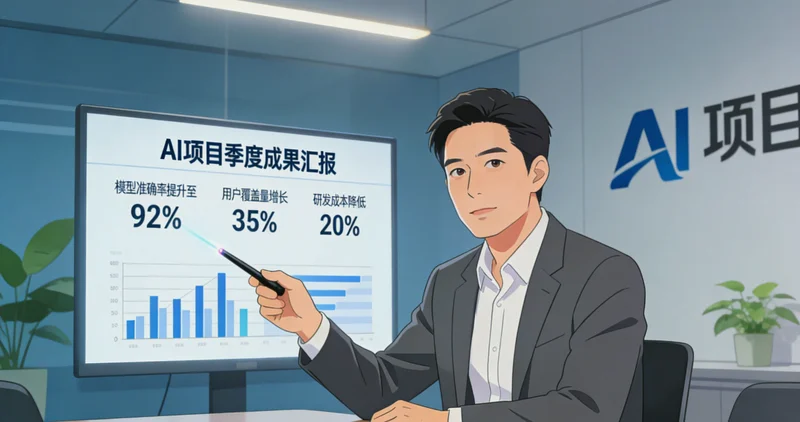 一张简笔画风格图片，几个人围坐在会议桌前，看着墙上的预测与实际销售对比图表