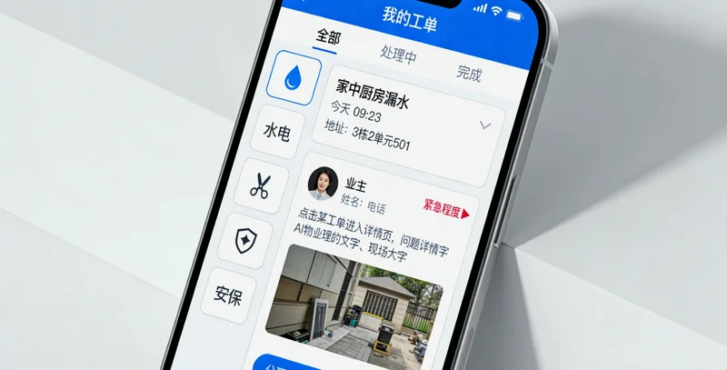 物业客服人员对着电脑屏幕发愁,屏幕上显示着空白的文档
