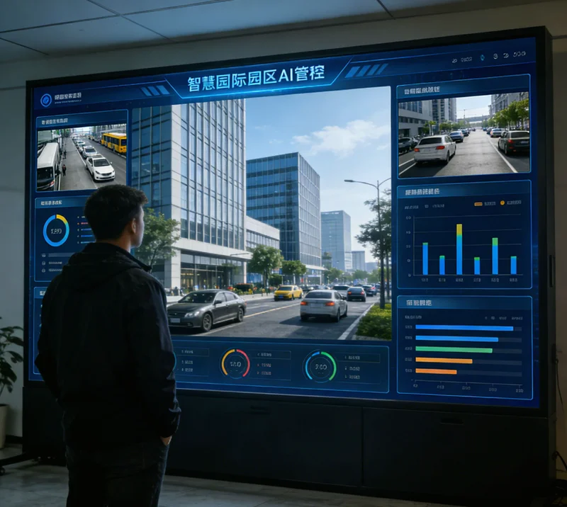 AI能耗管理系统大屏，显示各车间实时功率、能耗排名和优化建议