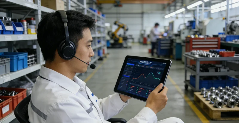 离子注入车间内,操作员正在查看机台监控屏幕,屏幕上显示着复杂的工艺参数曲线