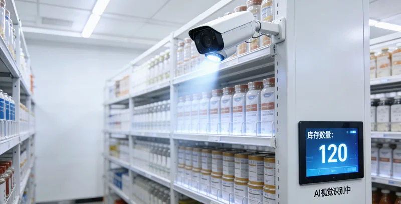 仓管员使用手持PDA设备,扫描货架上的电子标签进行盘点或拣货