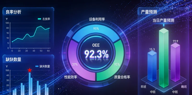 工厂中控室大屏显示设备健康状态看板，包含多台注塑机实时状态